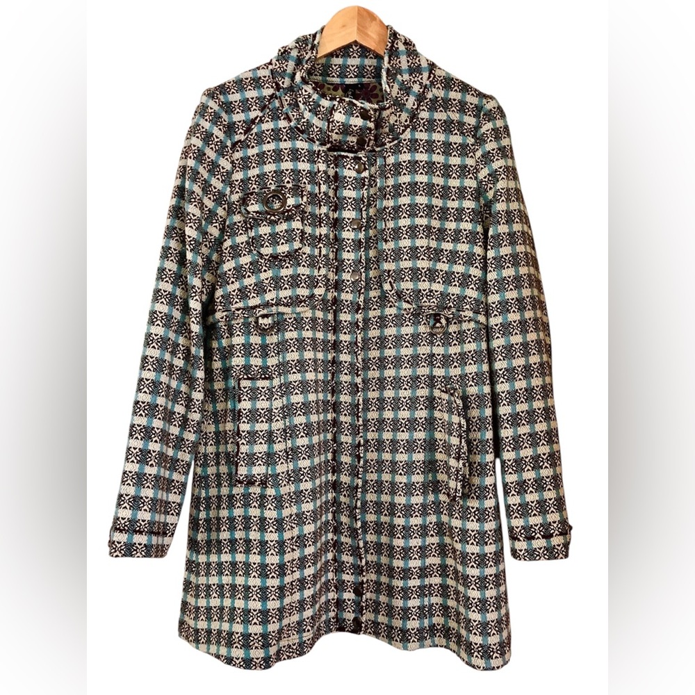 Lu Luvia Blue & Brown Check Coat. Pretty floral lining. Size L.